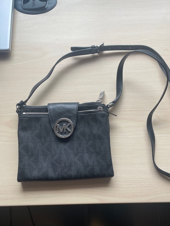 Michael Kors Handbags - Michael Kors Black Textured MK Crossbody Bag with Silver Logo
